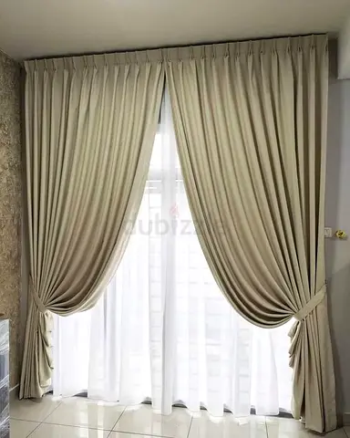 Beige Floor-to-Ceiling Curtains with Sheer Liner - Ready to Hang