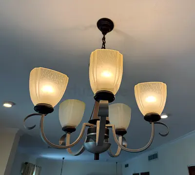 Set of 4 Chandeliers with a central 5-Arm Vintage Bronze Ceiling Chandelier and Frosted Glass Shades