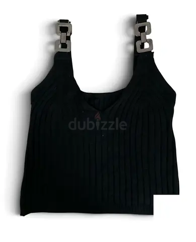 Black Ribbed Knit Tank Top with Decorative Buckle Straps - Size S