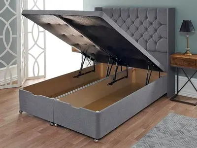 Grey Fabric Ottoman Storage Bed with Headboard - Queen/Double