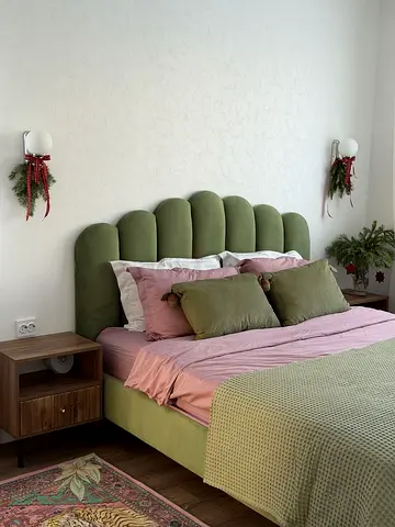 Modern Olive Green Scalloped Velvet Bed Frame