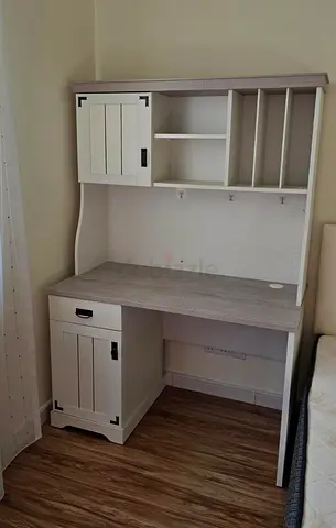 Wooden Study Desk with Hutch and Storage Cabinets - Light Grey
