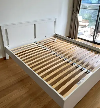 Ikea Songesand - Bed Frame & Mattress, White, Wooden Double Bed with Headboard - Great Condition