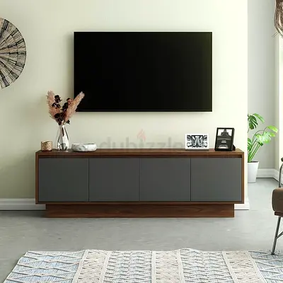 Modern low-profile TV cabinet / entertainment console in wood and grey