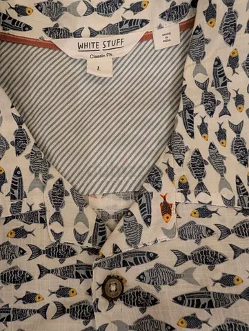 White Stuff Men's Linen Shirt with Fish Print - Size L