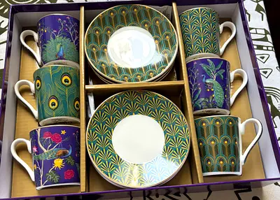 Porcelain Tea/Coffee Mug and Saucer Set - Peacock Pattern (6 Cups + 6 Saucers)