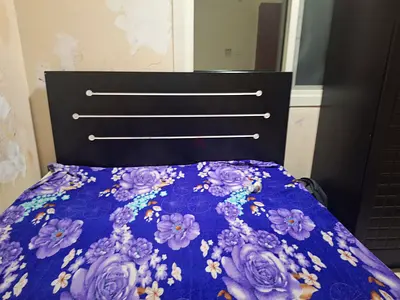 Wooden Double Bed with Headboard and Side Wardrobe - Good Condition