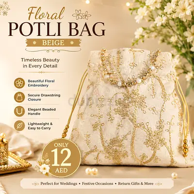 Beige Floral Potli Bag with Beaded Handle - Perfect for Weddings