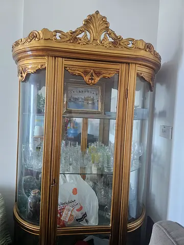 Vintage Gold Carved Glass Display Cabinet