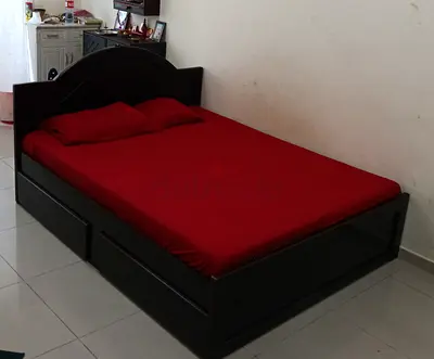 Solid wood double bed frame with storage drawers - dark finish