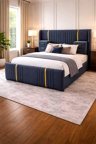 Modern Velvet King Bed with Upholstered Headboard and Storage