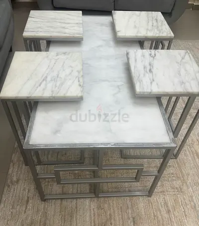 Marble top coffee table with four matching side squares (white marble, metal frame)