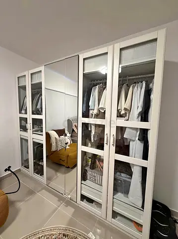 IKEA PAX-style 6-door white wardrobe with mirrored panels