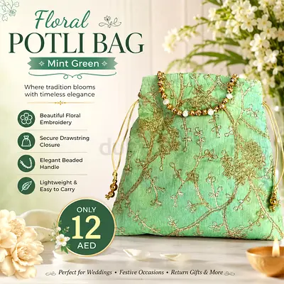 Mint Green Floral Potli Bag with Beaded Handle - Perfect for Weddings
