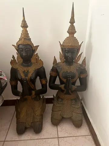 Pair of Traditional Thai Black & Gold Temple Guardian Statues