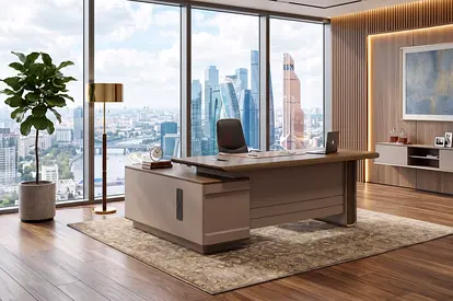 L-Shape Executive Office Table – Walnut & Beige Grey Office Table For Manager