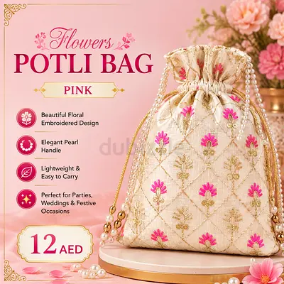 Embroidered Pink Potli Bag with Pearl Handle