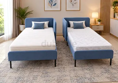 Pair of Blue Single Beds with Headboards - Modern, Good Condition