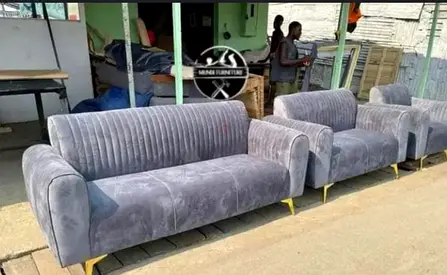 Gray Velvet 3-Seater Sofa with Two Armchairs - Good Condition