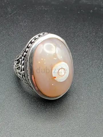 Silver Men's Agate Ring with Oval Eye Stone - عقيق سليماني