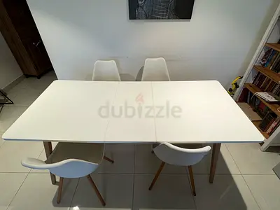 White Extendable Dining Table with 4 Chairs - Modern, Good Condition
