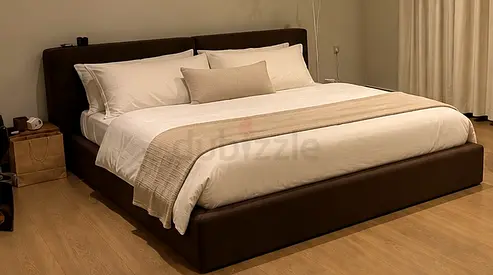 King size upholstered platform bed with headboard — good condition