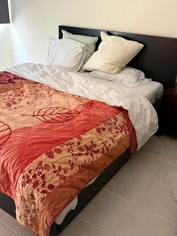 Comfortable Dark Wood Bed Frame with Mattress and Bedding Set