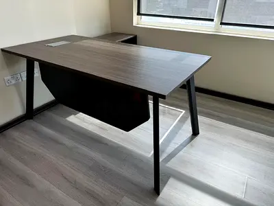 Modern L-shaped Office Desk with Cable Management (Dark Wood) - Good Condition