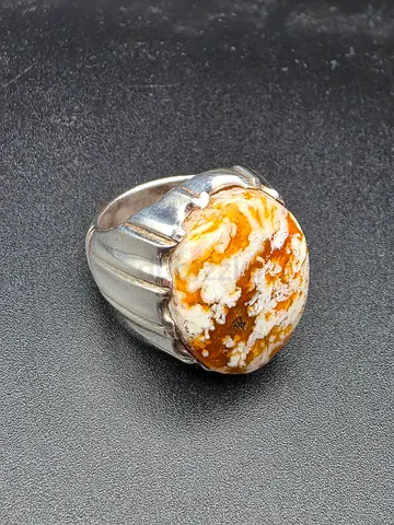 Silver Men's Ring with Brown and White Agate Stone - عقيق طحلبي