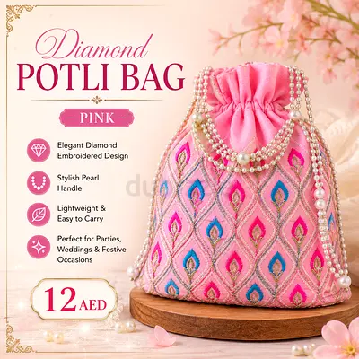Pink Diamond Embroidered Potli Bag with Pearl Handle