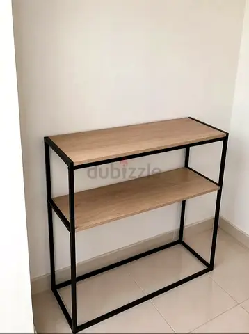 Minimalist Industrial Console Table with Two Shelves - Oak & Black Metal