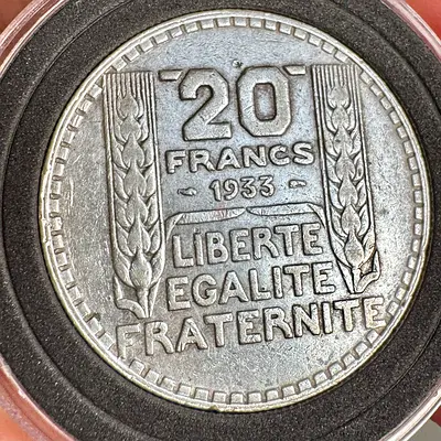 Silver 1933 French 20 Francs (old antique coins)