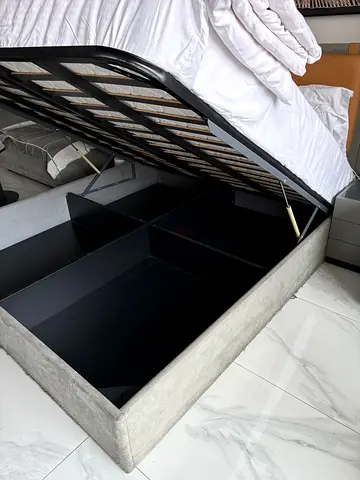 Queen bed frame (200 x 180 cm) without headboard, grey upholstered + 120 cm wide 2-seater sofa FREE