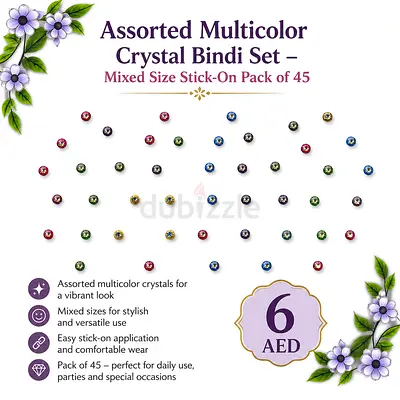 Assorted Multicolor Crystal Stick-On Bindi Set - Pack of 45