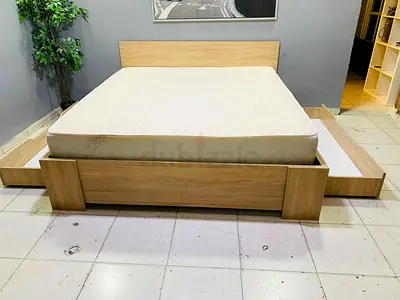 Queen size wooden bed frame with storage drawers and mattress