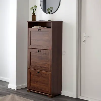 IKEA BRUSALI - Tall Wooden Shoe Cabinet with 3 Drop-Down Compartments - Dark Brown 61x30x130cm