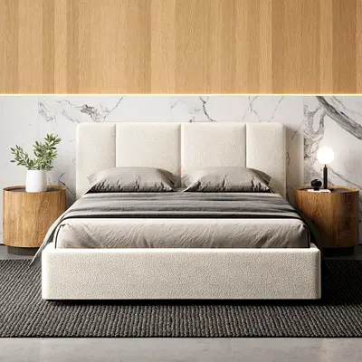 Modern upholstered queen bed with padded headboard - cream