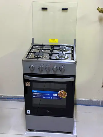 Midea 50x55cm Silver Cooker, Full Gas Cooking Range with 4 Burners, Manual Ignition and one-time use