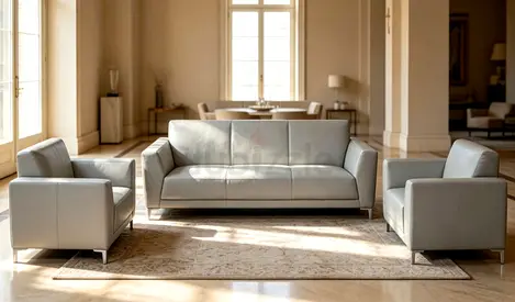 Light grey 3-seater leather sofa with two matching armchairs - excellent condition