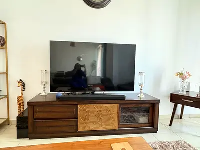 Solid Wood TV Entertainment Unit with Carved Detail, Antique vibe - Dark Brown, Excellent Condition