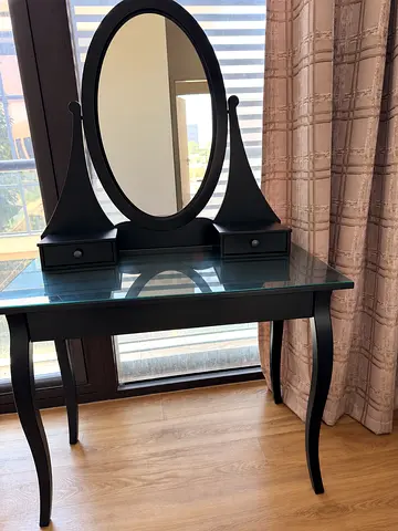 IKEA Black Dressing Table / Vanity with Oval Mirror & Glass Top