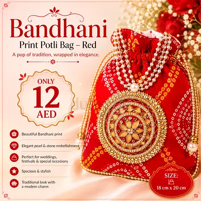 Red Bandhani Print Potli Bag with Pearl & Stone Embellishment