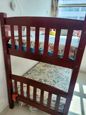 Solid wooden kids bunk bed with 2 mattresses (headboard/side rails) in excellent condition