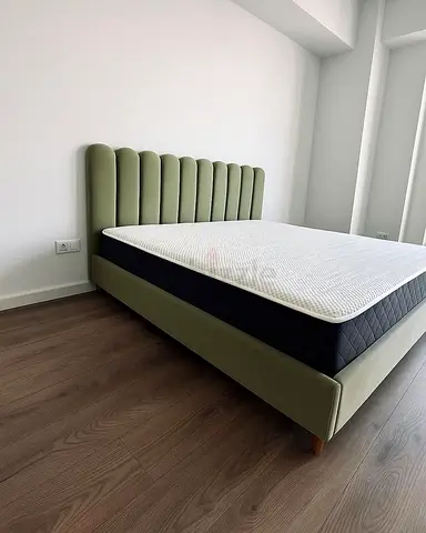 Modern Olive Green Upholstered Bed with Channel Tufted Headboard