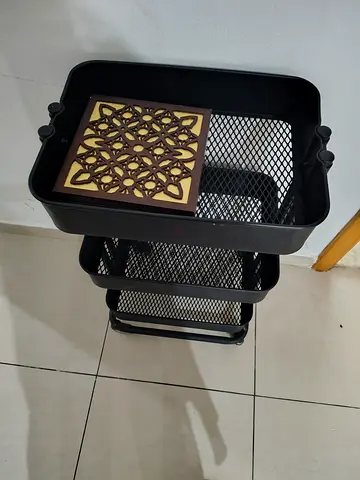 Black metal 3-tier rolling storage trolley with mesh baskets (fixed price)