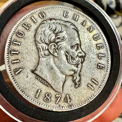 Silver 1874 Italy 5 Lir (old antique coins)