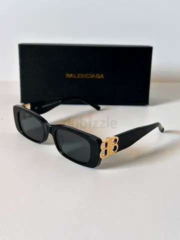 Balenciaga Black Rectangular Sunglasses with Gold BB Logo