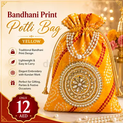 Yellow Bandhani Print Potli Bag with Embroidery