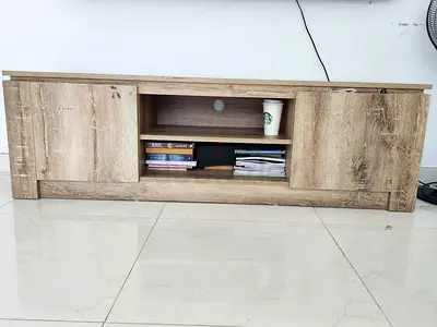 2 items - Low wooden TV cabinet / entertainment unit - rustic finish, and Center table living area