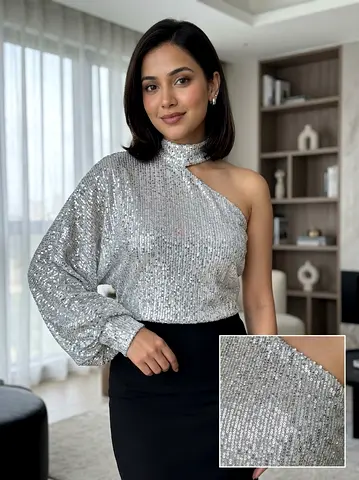 Silver One-Shoulder Sequin Top - Size medium